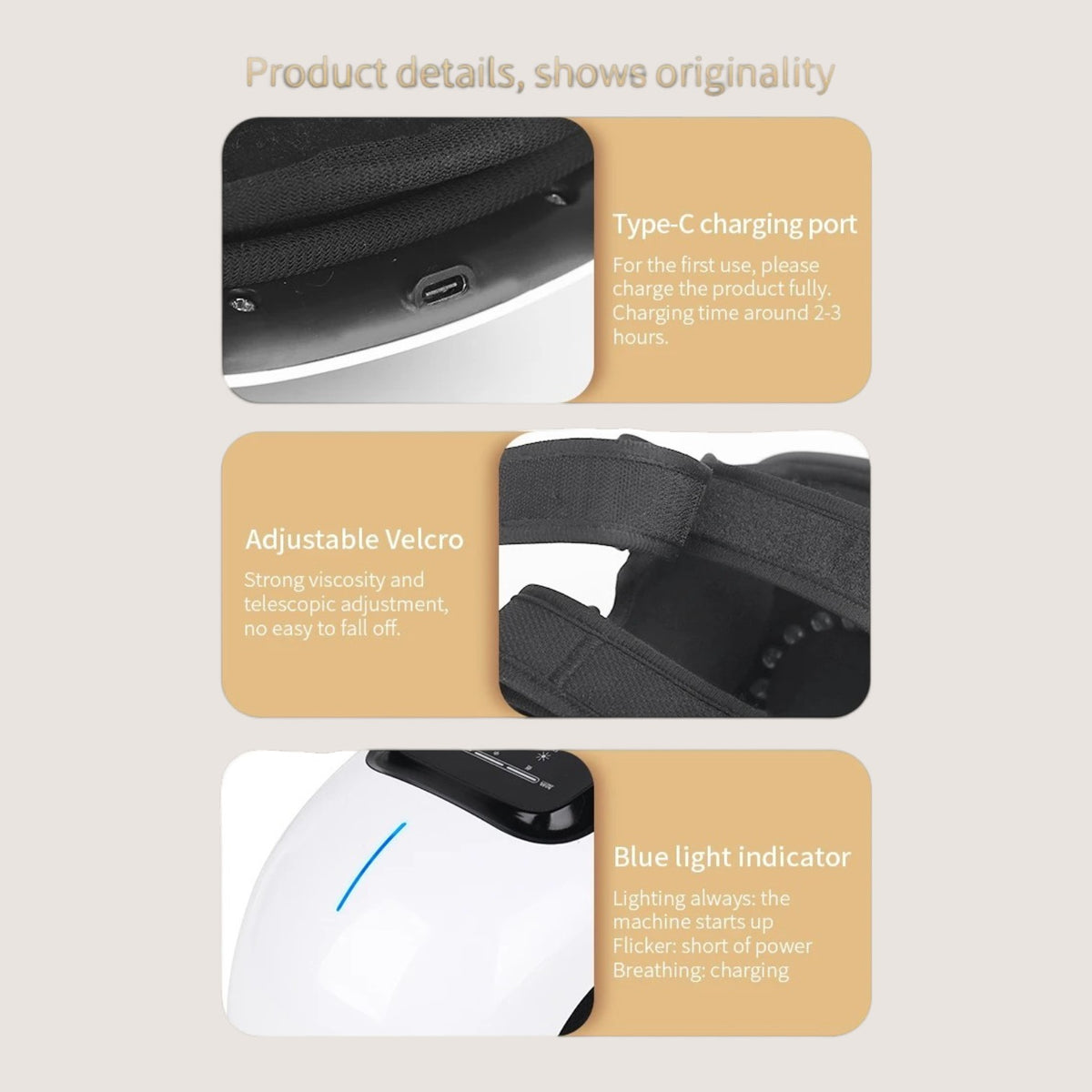 BodyRestoreHub™ Heated Knee Massager — product details: Type-C charging port, adjustable Velcro strap, and blue light indicator