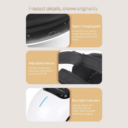 BodyRestoreHub™ Heated Knee Massager — product details: Type-C charging port, adjustable Velcro strap, and blue light indicator