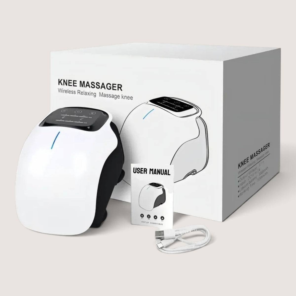 BodyRestoreHub™ Heated Knee Massager — complete package contents: massager, charging cable, user manual, and retail box